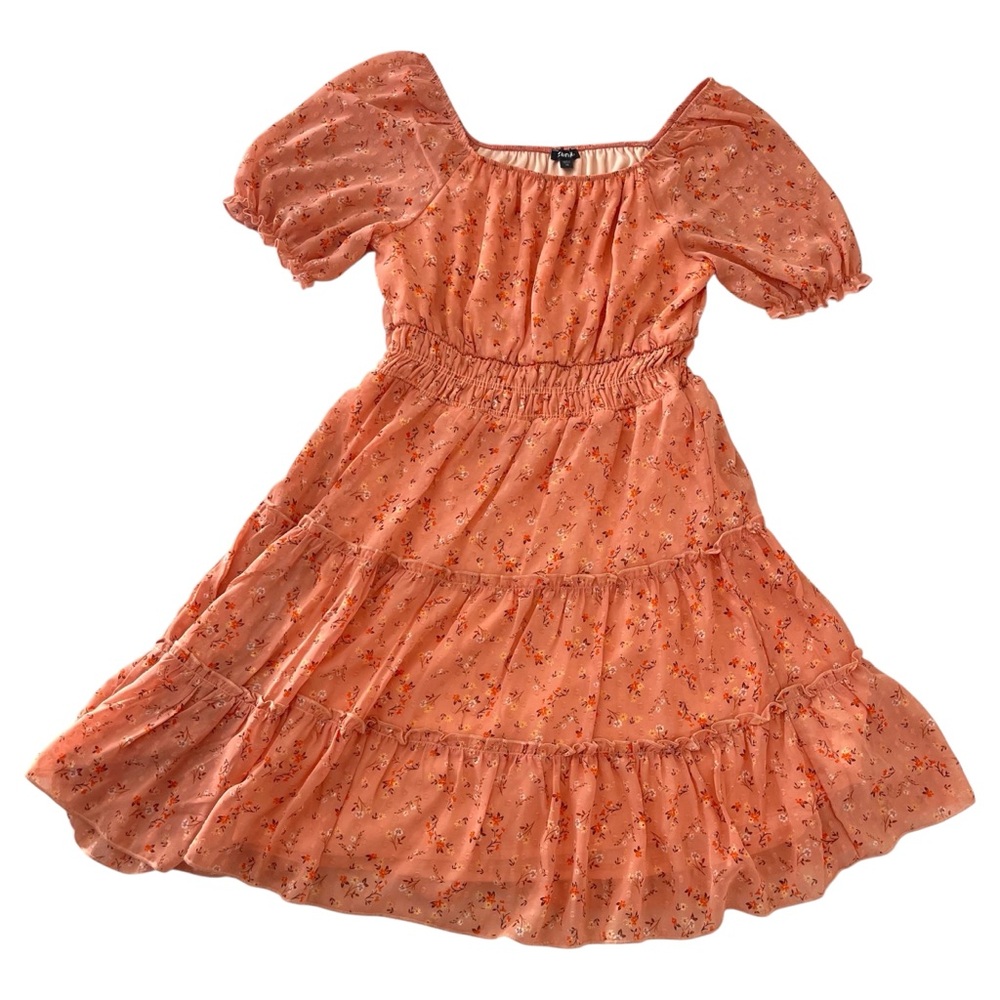 Zunie Girls Size 16 Peach Ditsy Floral Smocked Tiered Midi Dress XL Cottagecore
